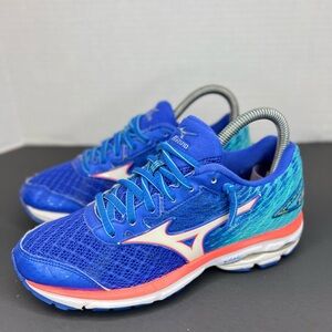 Mizuno Wave Rider 19 Womens Sz 6 410736.5 BOO Blue/Ombre/Fiery Coral Good Cond.